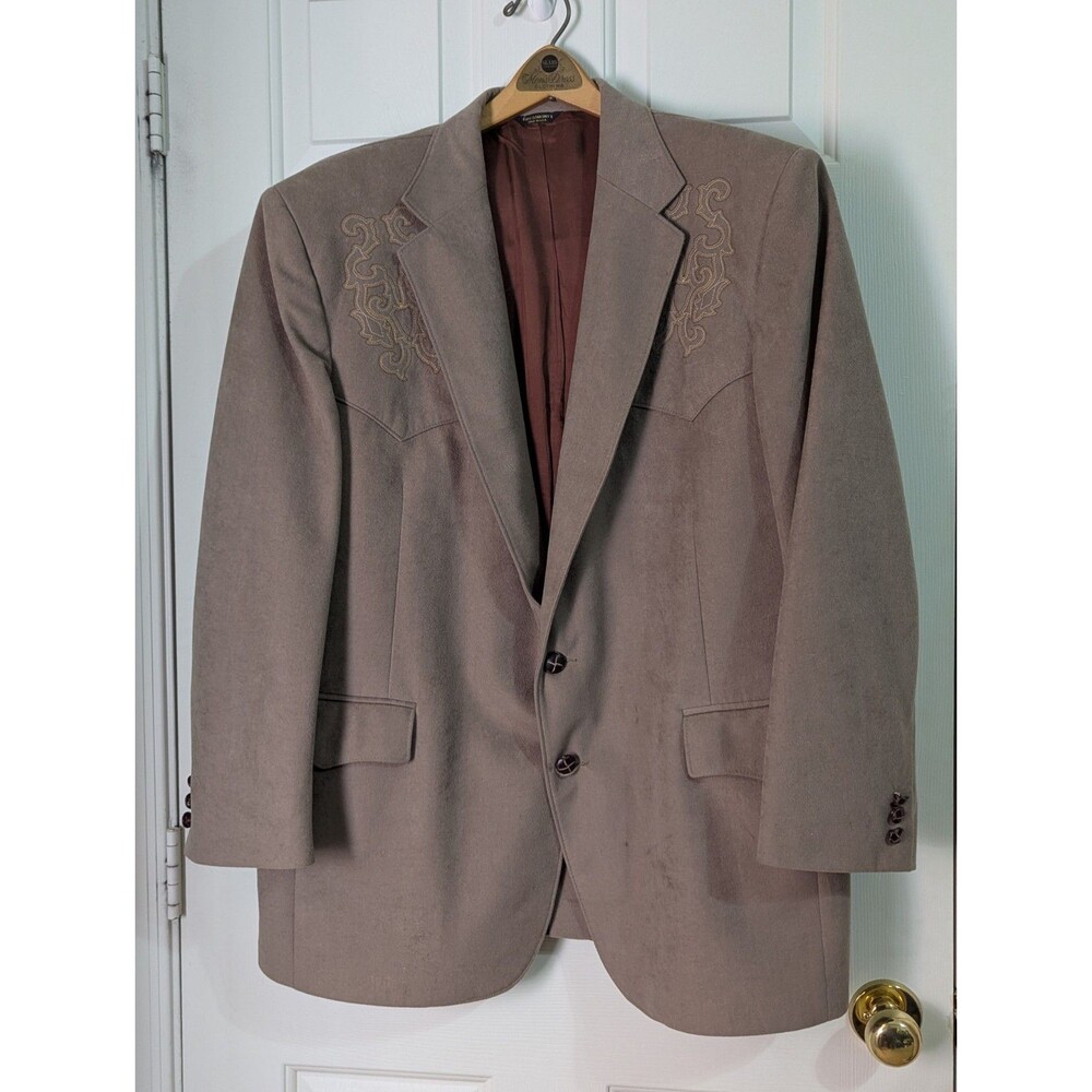 VTG Pagano West Western Yoke Blazer Mens 46R Brown Faux Suede Embroidered